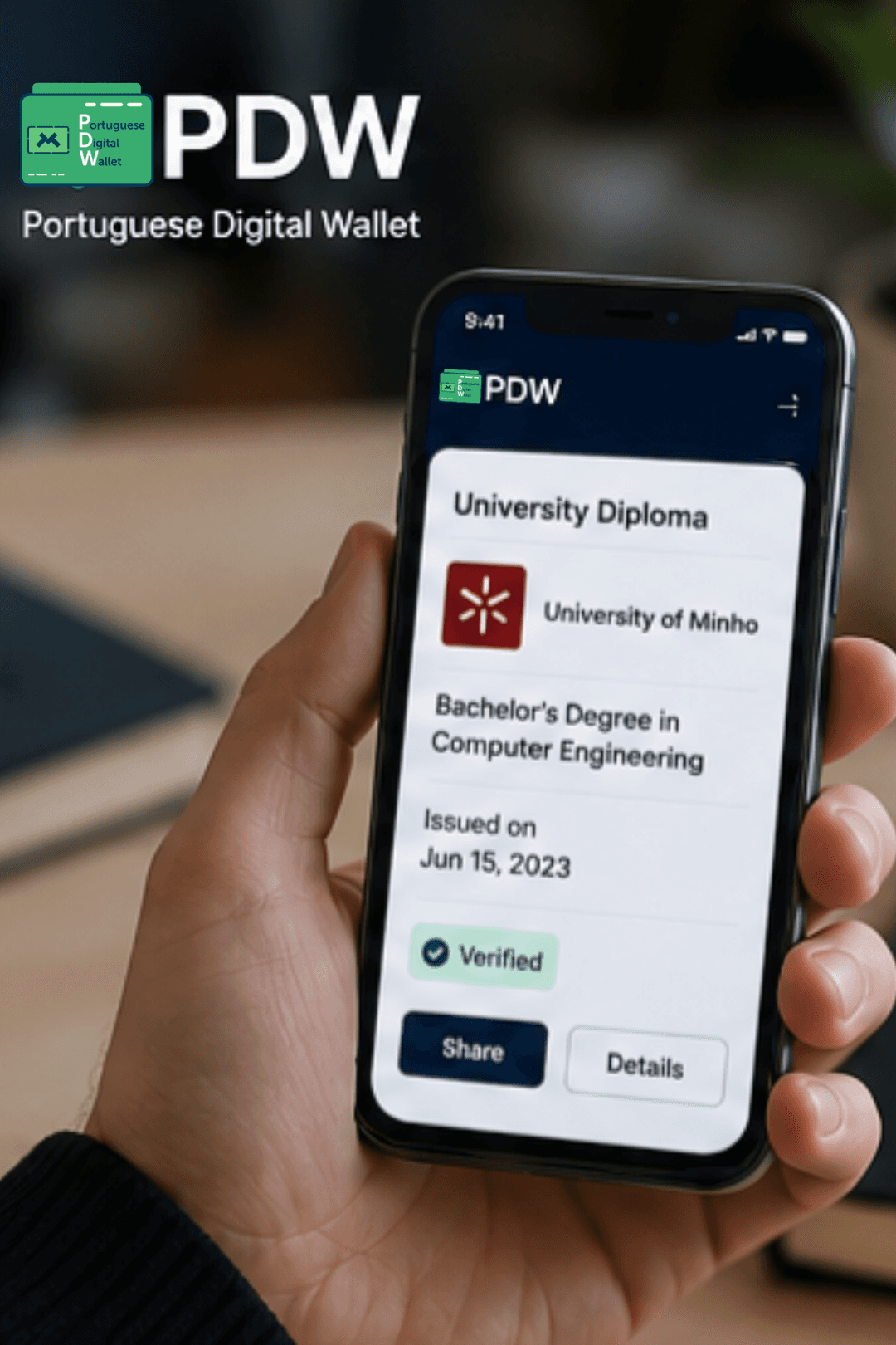 Digital university diploma shown in the PDW app